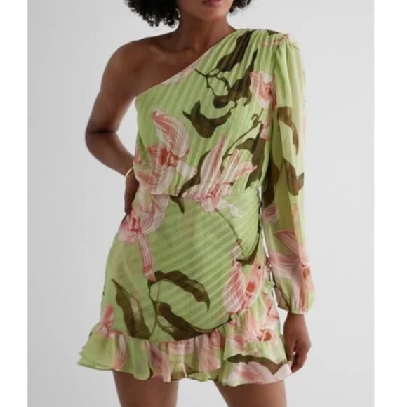 Express Green Floral One Shoulder Wrap Romper - Picture 2 of 5